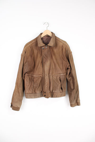 Vintage 1980's U2 Wear Me Out brown leather zip through bomber jacket with pockets