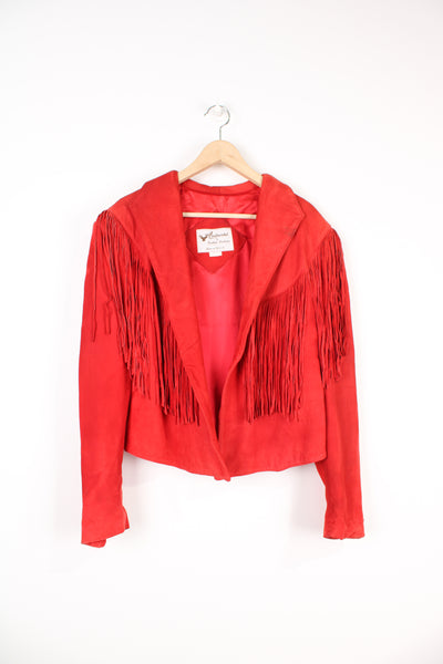 Vintage made in the US, red suede cropped jacket with fringe detail down the front and across the back of the shoulders