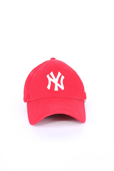 All red New York Yankees baseball cap by New Era, features embroidered logo on the front 