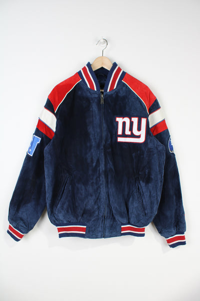 New York Giants suede, zip through bomber jacket, with embroidered spell-out details on front and back