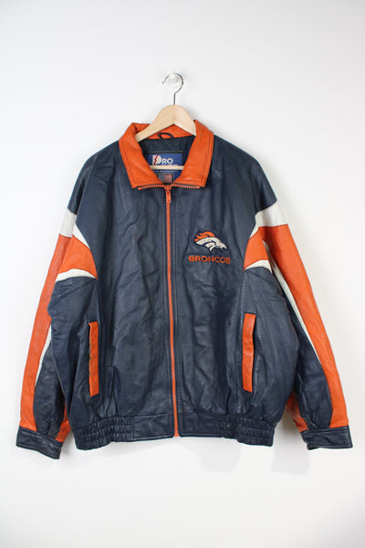 Vintage Denver Broncos zip through leather jacket By Pro Player with embroidered details on the chest and back