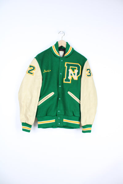 Vintage green and cream varsity jacket by Delong Sportswear with embroidered badge and spell-out details
