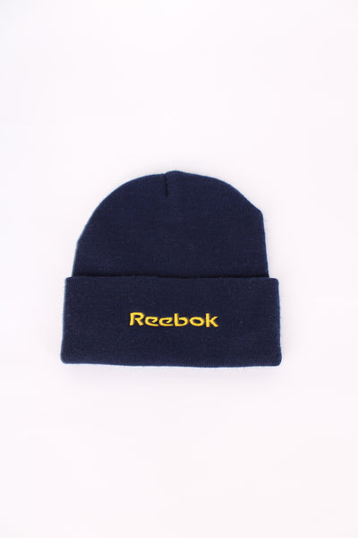 Vintage Reebok knitted beanie in navy blue, cuffed with embroidered logo on the front and back