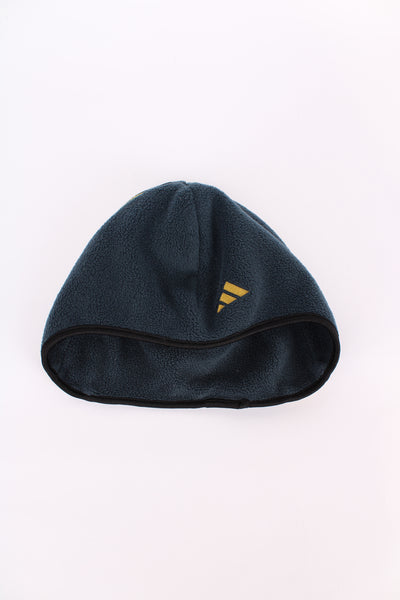 Vintage Adidas blue and yellow fleece full coverage hat, features embroidered logo on the front