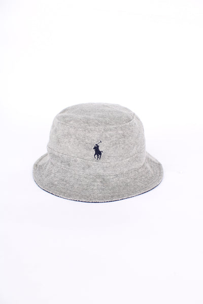 Grey towel bucket hat with navy blue embroidered Polo Ralph Lauren logo on the front.