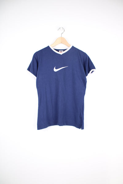 90's Nike Ringer T-Shirt in a blue and white colourway, v neck, and has big centre swoosh logo embroidered.