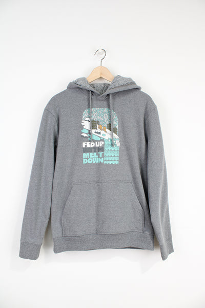 Patagonia grey hoodie with spell-out graphic 'fed up with melt down' on the front