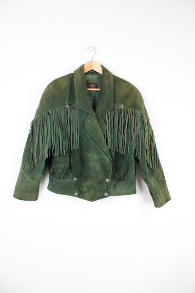 Vintage 90's G4000 green suede cropped jacket with fringe detail down the front and across the back of the shoulders