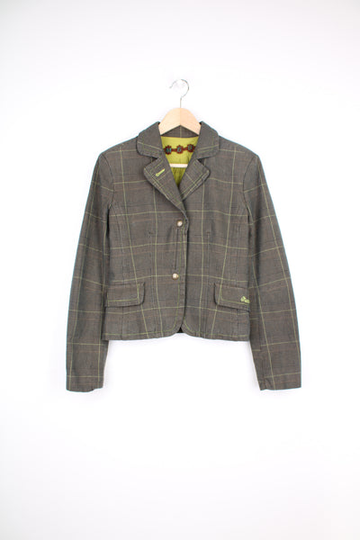 2000's Miss Sixty grey/green tweed style blazer jacket with small zip closure and embroidered logo on the pocket 