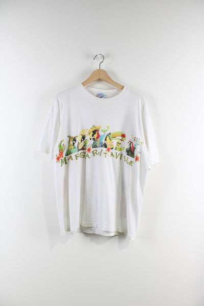 Vintage 00's Margaritaville graphic t-shirt in white with spell out on the front, tropical cartoon parrots on the front and big graphic on the back. 