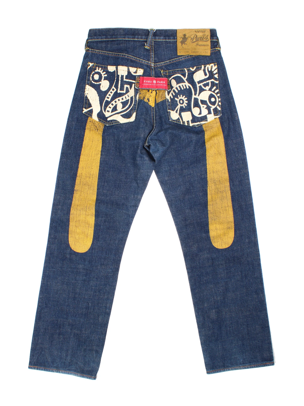 Evisu jeans with painted graphic detail on the pockets and motifs across the back