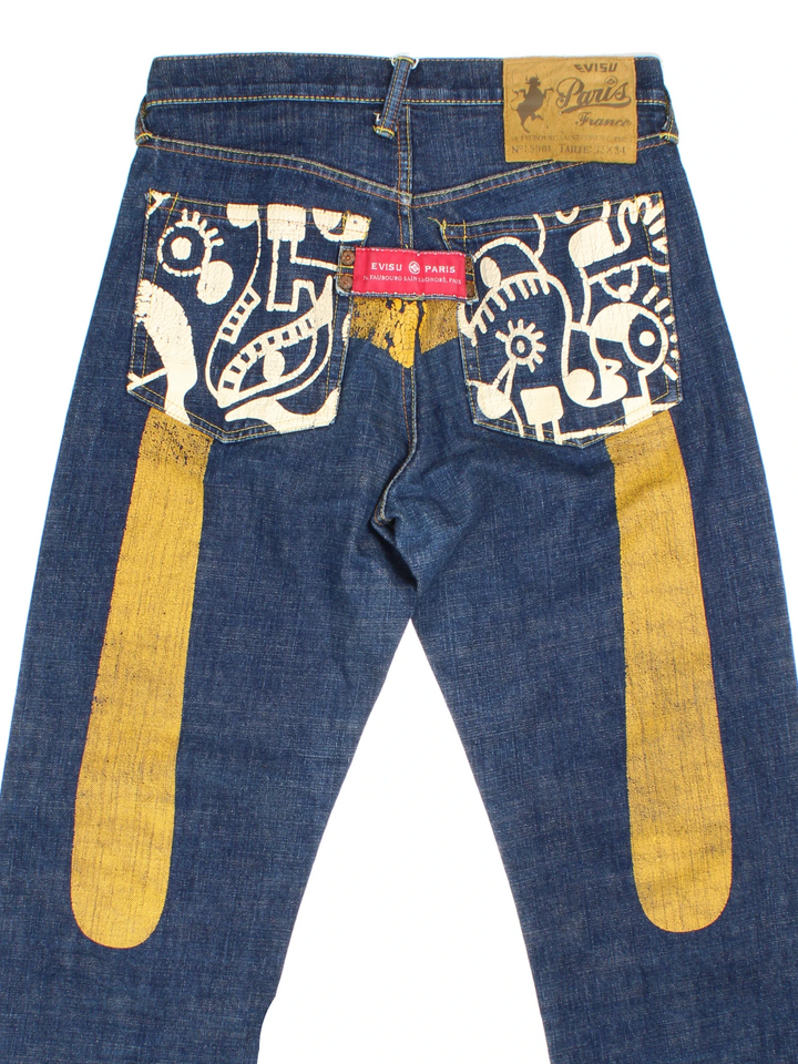 Evisu jeans with painted graphic detail on the pockets and motifs across the back