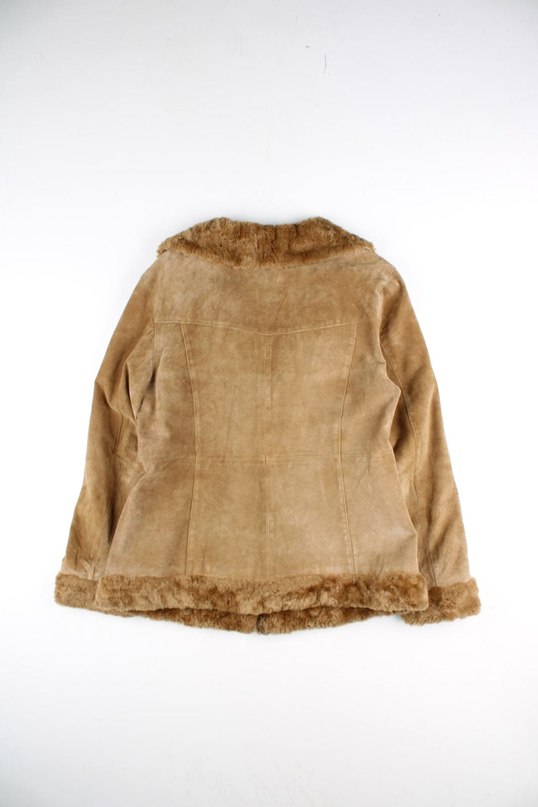 Vintage Y2K Xhilaration Leather Afghan Coat in a brown colourway. Clasp closure, has side pockets, insulated, and has a faux fur trim and collar.