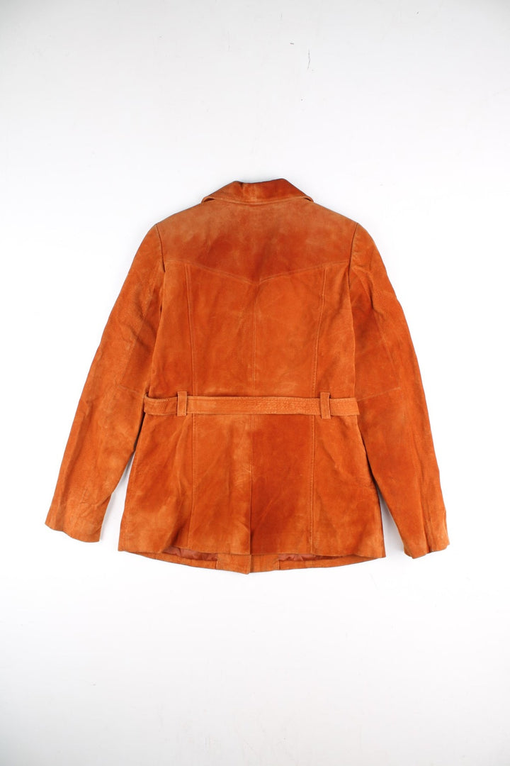 Vintage Suede Trench Coat in a brown colourway. Buttons up and has side pockets, a large collar, and belt feature.