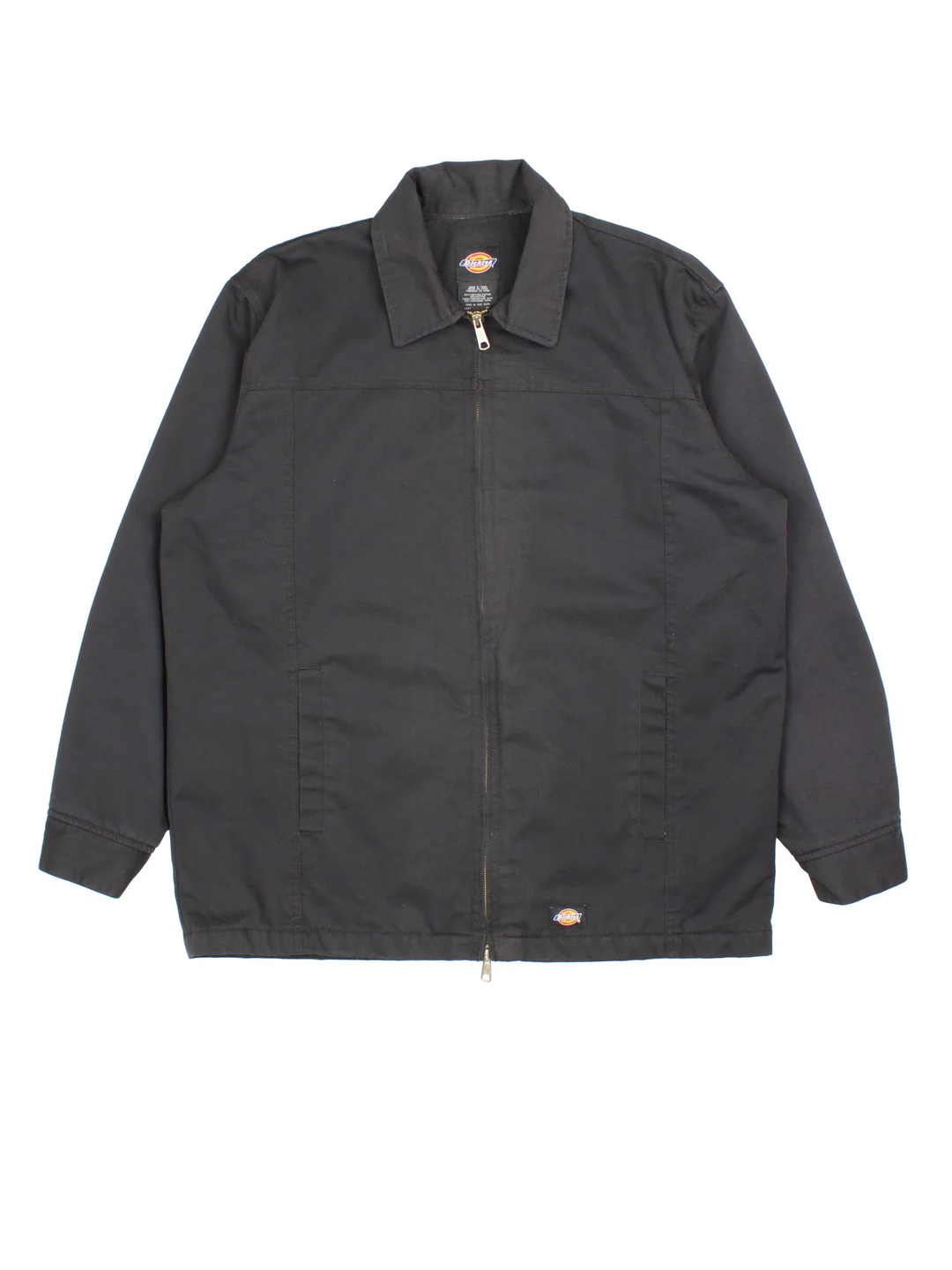 Dickies Eisenhower Jacket in a black colourway. Has double zips up, side pockets, and the logo embroidered on the front by the hem.