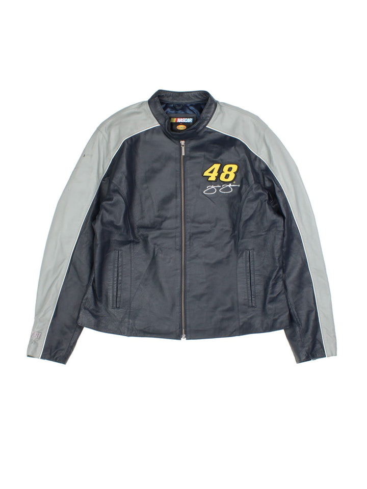 Vintage Leather Nascar Jacket in a navy blue and grey colourway. Zips up and has side pockets, and has Jimmmie Johnson number 48 embroidered on the front.