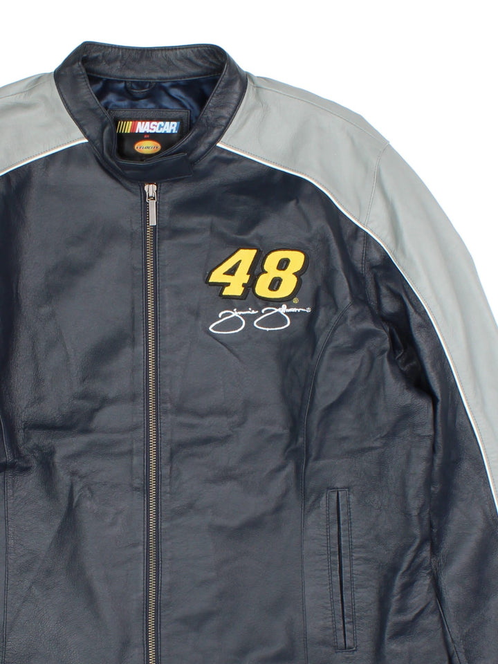 Vintage Leather Nascar Jacket in a navy blue and grey colourway. Zips up and has side pockets, and has Jimmmie Johnson number 48 embroidered on the front.
