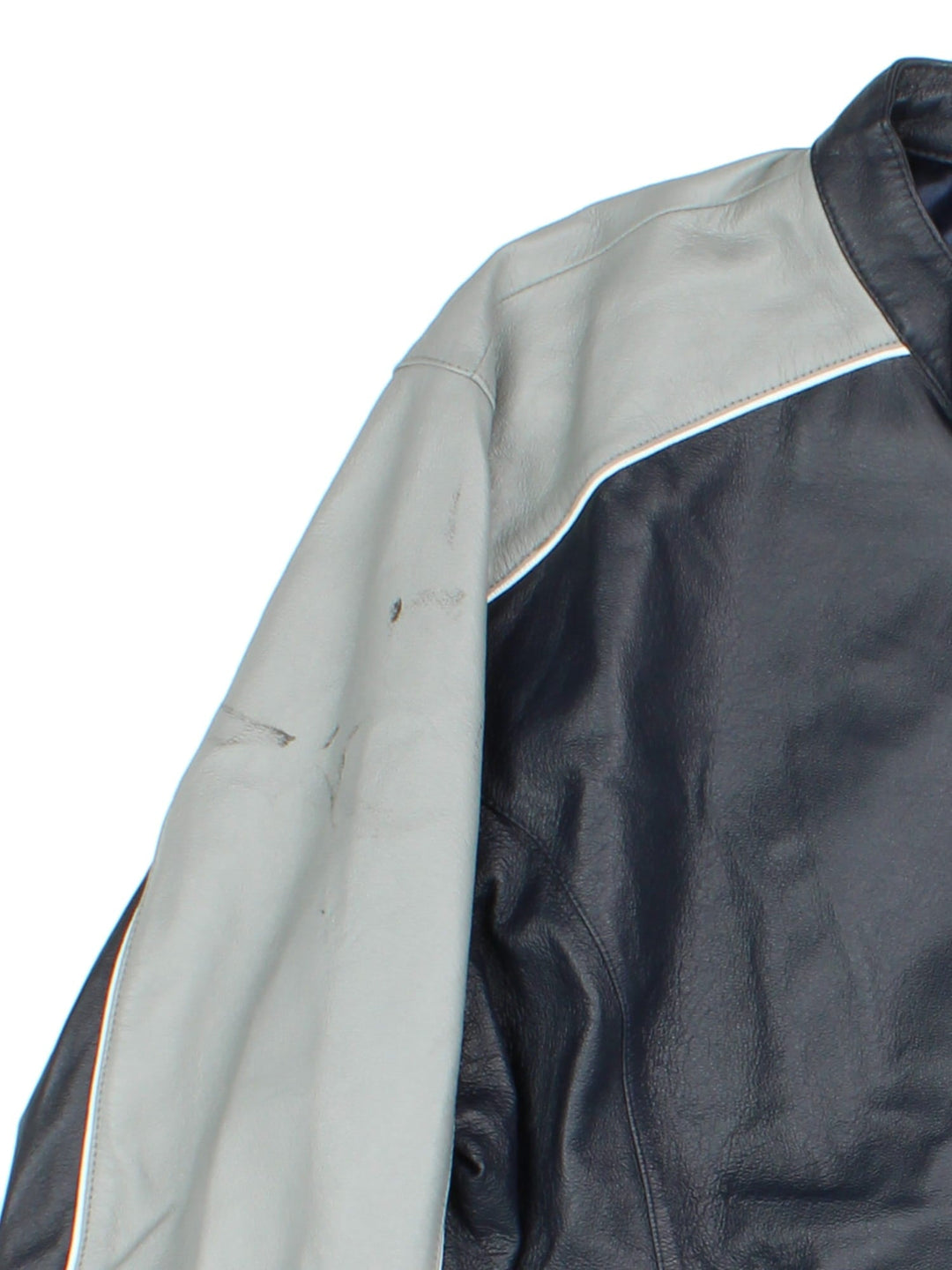 Vintage Leather Nascar Jacket in a navy blue and grey colourway. Zips up and has side pockets, and has Jimmmie Johnson number 48 embroidered on the front.