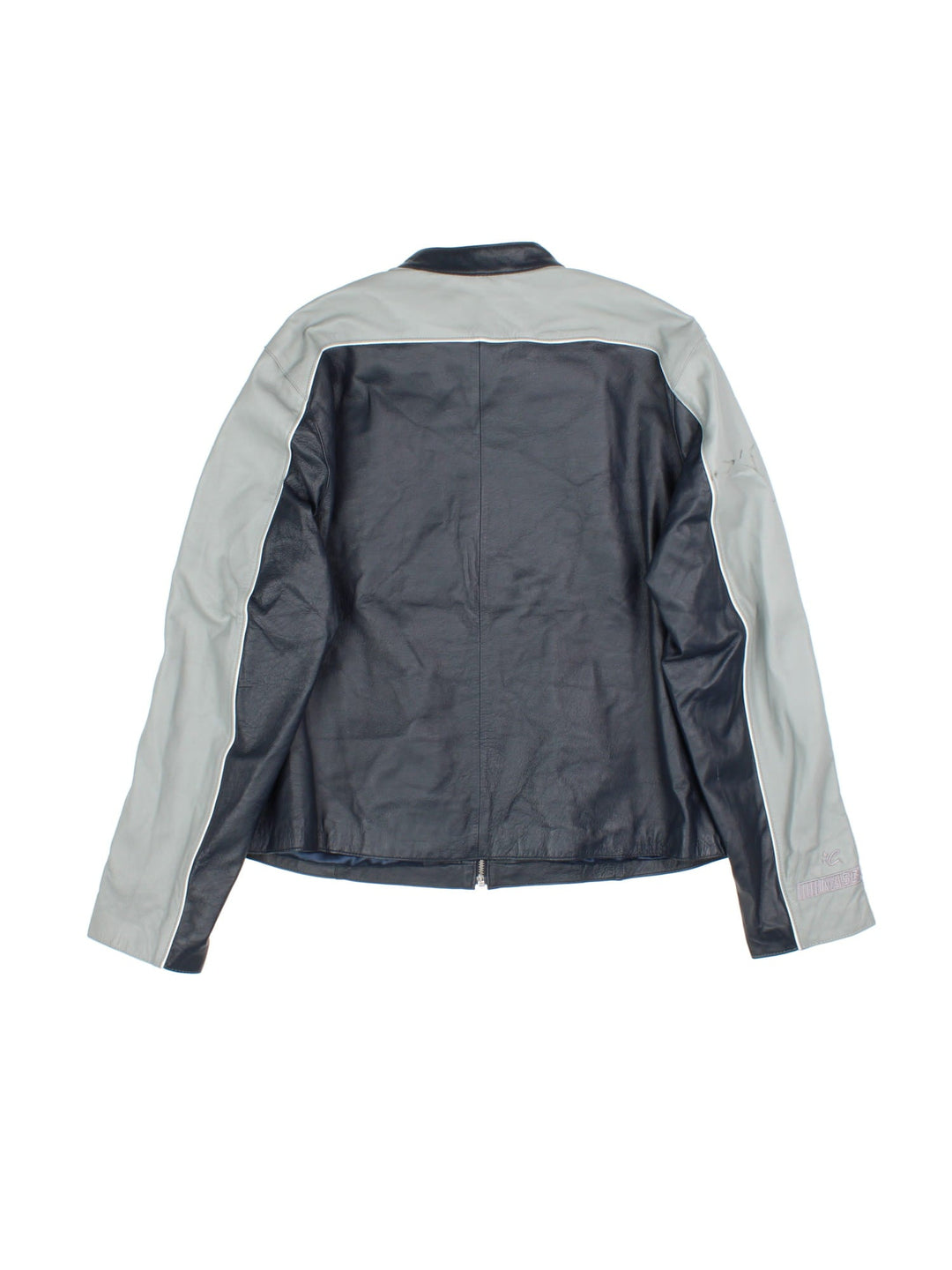 Vintage Leather Nascar Jacket in a navy blue and grey colourway. Zips up and has side pockets, and has Jimmmie Johnson number 48 embroidered on the front.