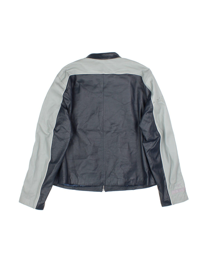 Vintage Leather Nascar Jacket in a navy blue and grey colourway. Zips up and has side pockets, and has Jimmmie Johnson number 48 embroidered on the front.