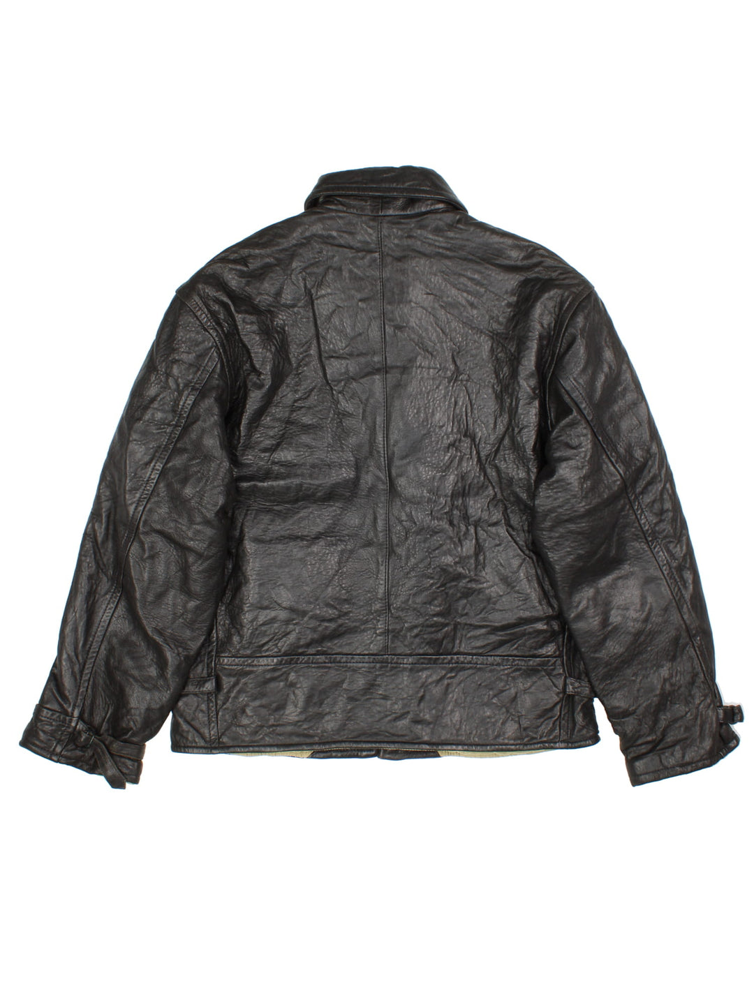 Vintage CP Company Leather Jacket in a black colourway. Zips up and has multiple pockets, insulated with a quilted lining, and has adjustable strap features on the cuffs.