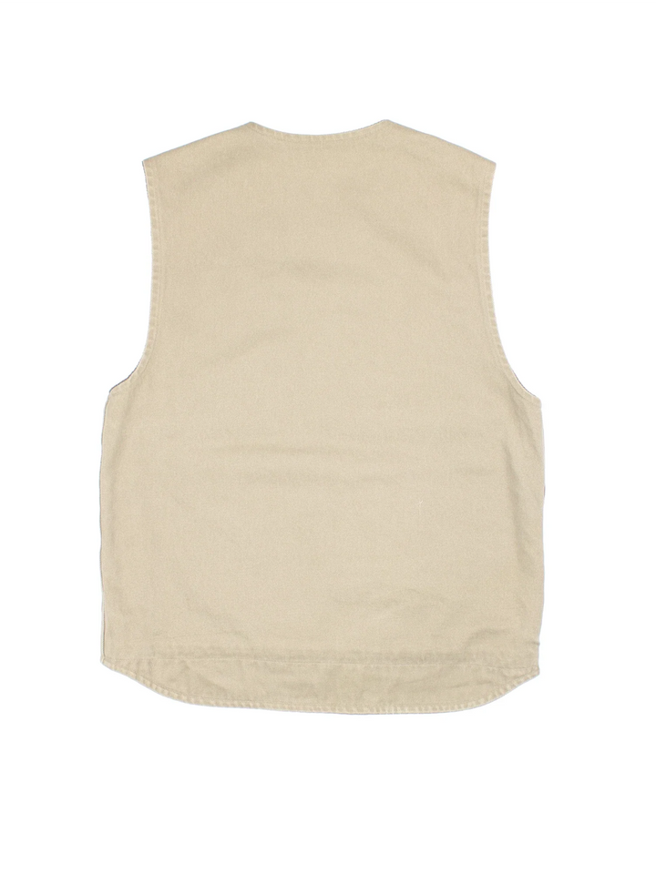 Vintage Carhartt Gilet in a tan colourway. Zips up and has side pockets, fleece lining, and has the logo embroidered on the front.