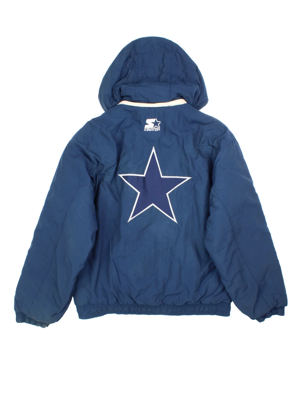 Vintage Dallas Cowboys NFL Starter Jacket in a blue colourway. Zips and buttons up, has side pockets, insulated lining, hooded, and has the team logo embroidered on the front and back.