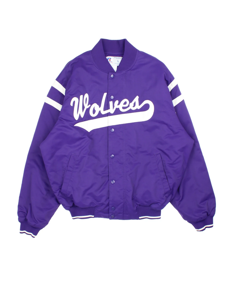 Vintage Russell Athletic Wolves Varsity in a purple colourway. Buttons up and has side pockets, insulated with a quilted lining, and has the spell out logo embroidered across the front.