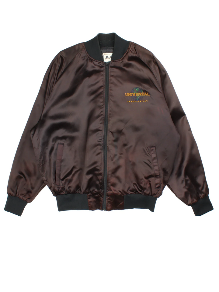 Vintage Universal Studios Varsity Jacket in a brown colourway. Zips up and has side pockets, and the logo embroidered on the front and back.