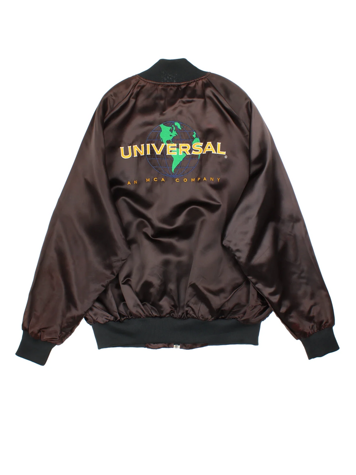 Vintage Universal Studios Varsity Jacket in a brown colourway. Zips up and has side pockets, and the logo embroidered on the front and back.