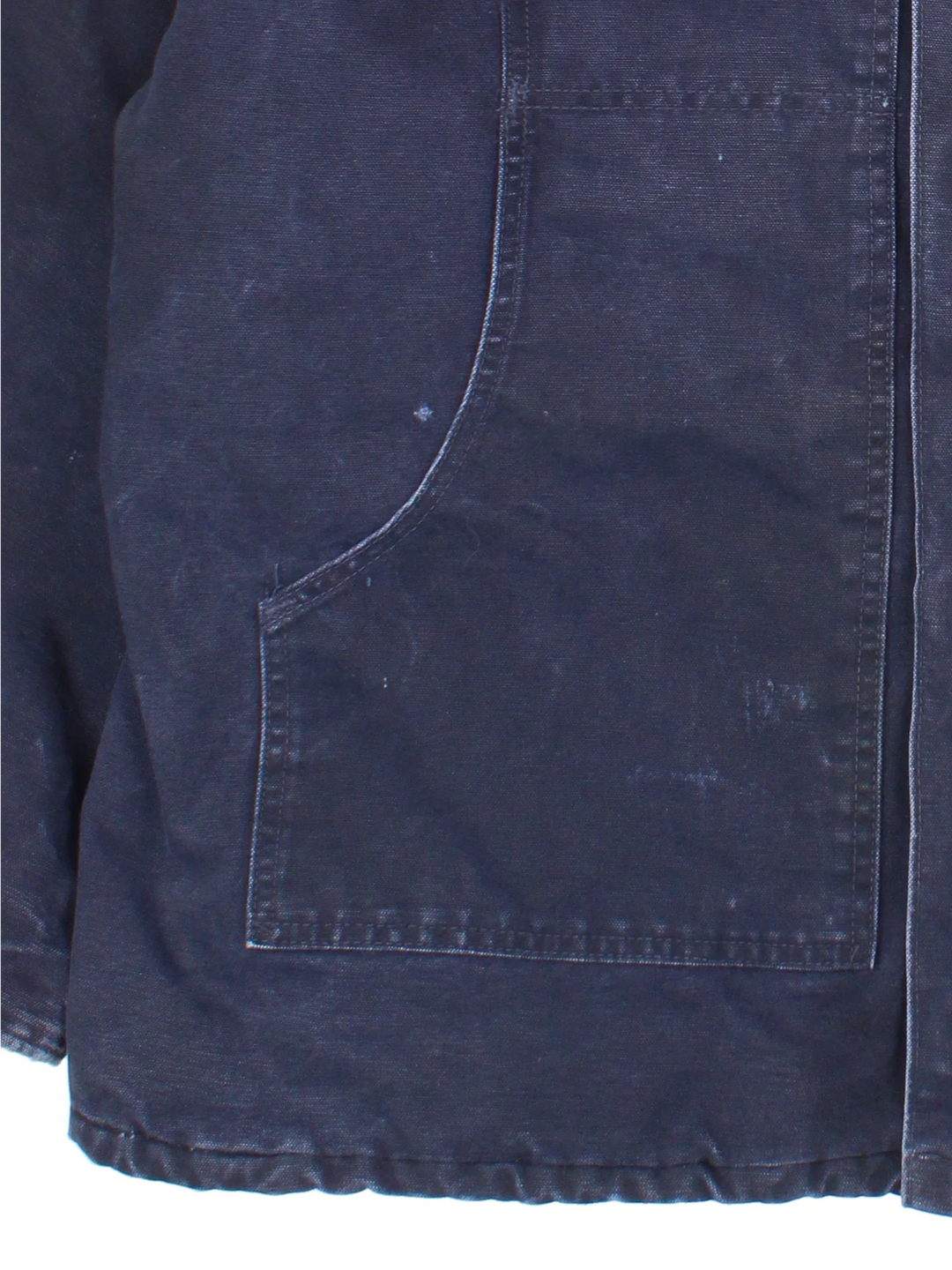 Vintage Carhartt Arctic Jacket in a navy blue colourway with a brown corduroy collar. Zips up and has multiple pockets, insulated with a quilted lining, and has the logo embroidered on the front.
