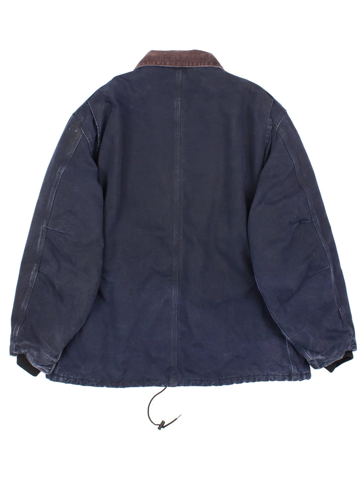 Vintage Carhartt Arctic Jacket in a navy blue colourway with a brown corduroy collar. Zips up and has multiple pockets, insulated with a quilted lining, and has the logo embroidered on the front.
