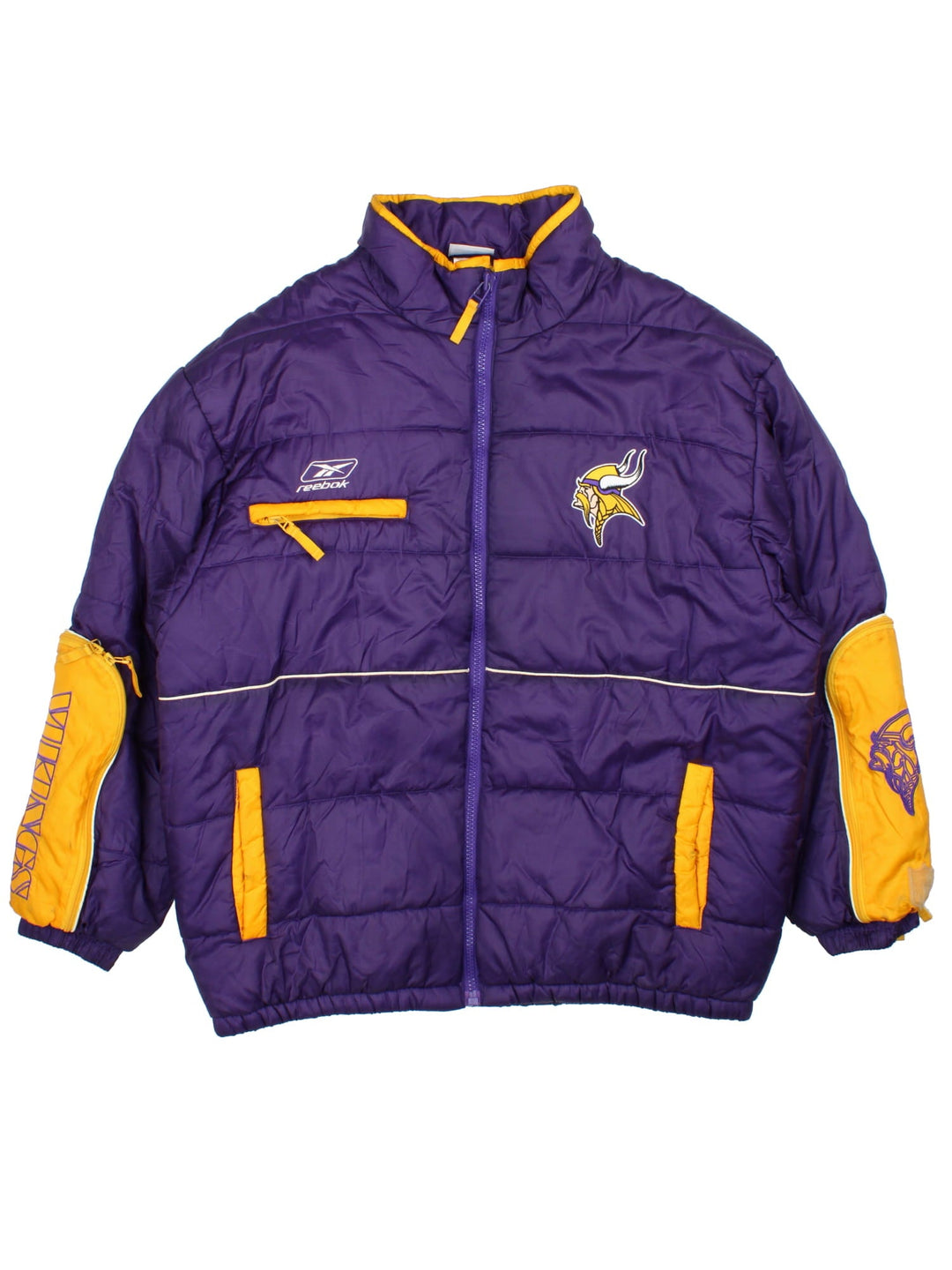 Vintage Minnesota Vikings Reebok NFL Puffer Jacket in a purple and yellow colourway. Zips up and has multiple pockets, insulated lining, and has the logos embroidered on the front.