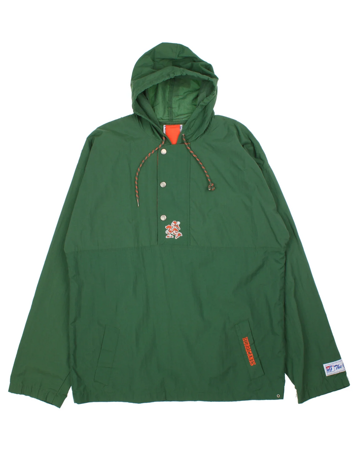 Vintage Miami Hurricanes Football Windbreaker Jacket in a green colourway. Pullover with hood, front poppers and embroidered logos on the front and sleeve.