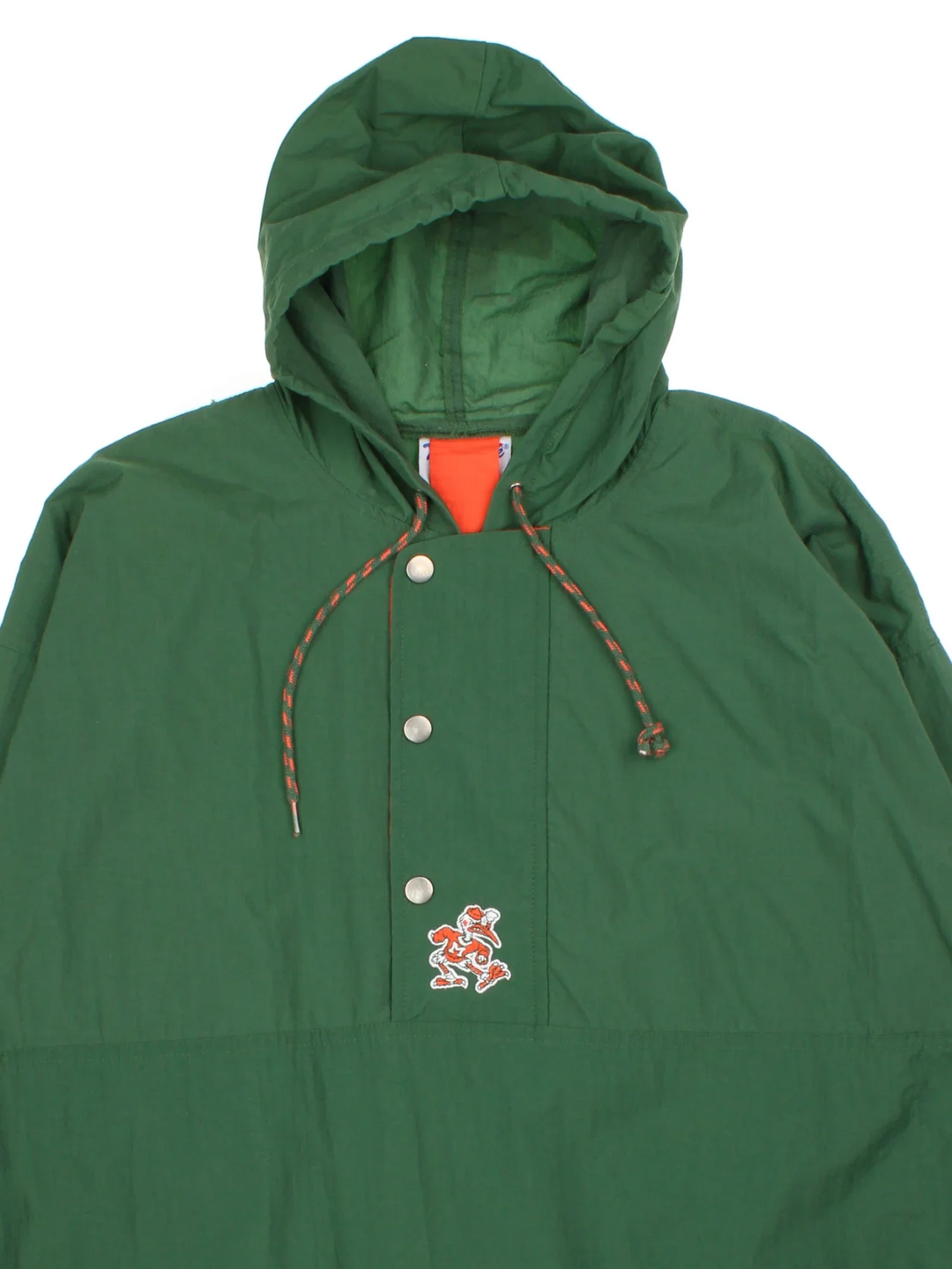 Vintage Miami Hurricanes Football Windbreaker Jacket in a green colourway. Pullover with hood, front poppers and embroidered logos on the front and sleeve.