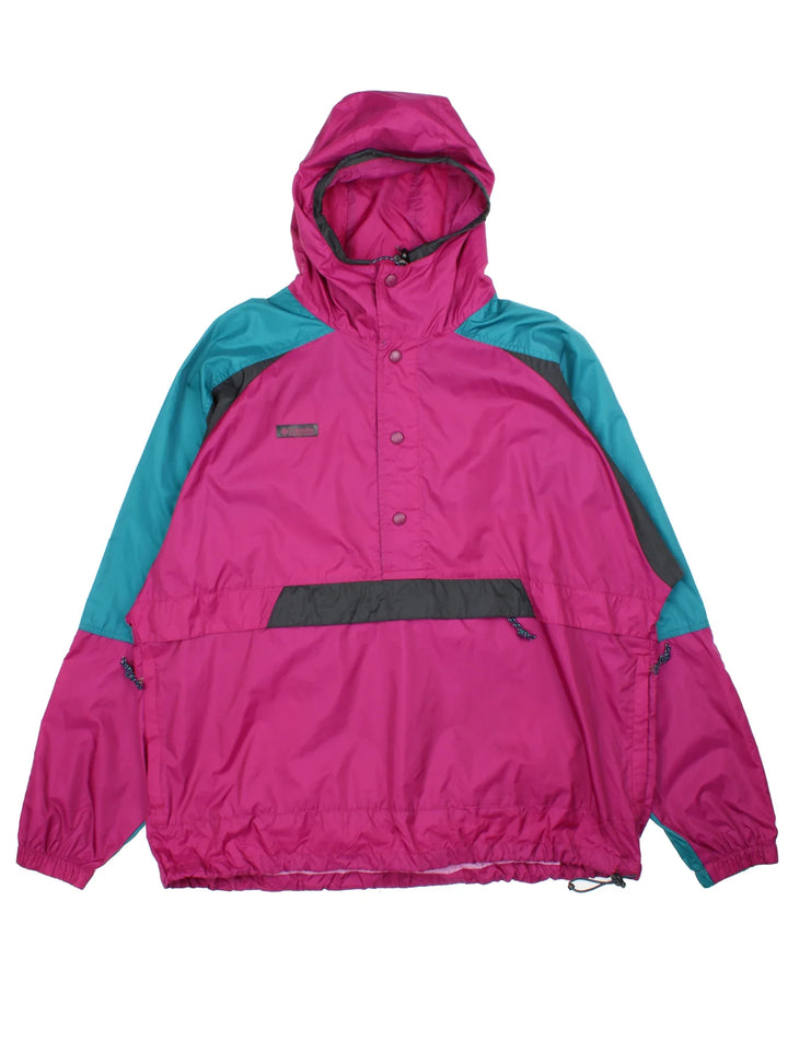 Vintage Columbia Anorak in a purple/green colourway. Pull over with hood, x3 popper fastening, front pocket and logo patch on front. 