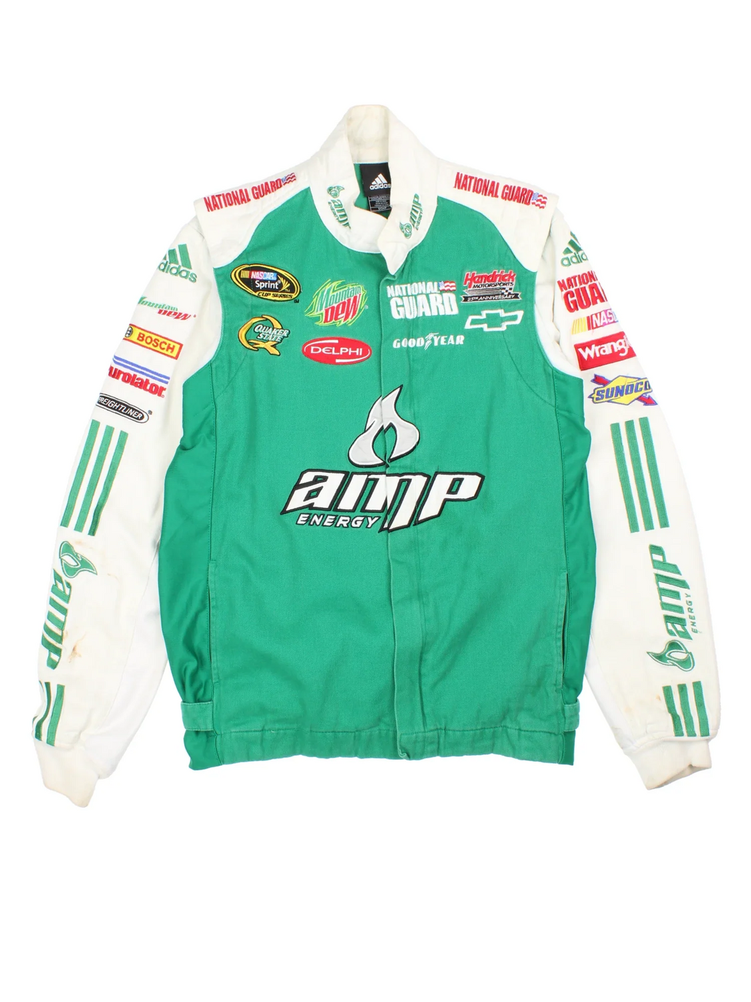 Vintage Adidas Dale Earnhardt Nascar Jacket in a green/white colourway. Zip up fastening, with side pockets and cuffed collar/cuffs. Logos and sponsors embroidered all over. 