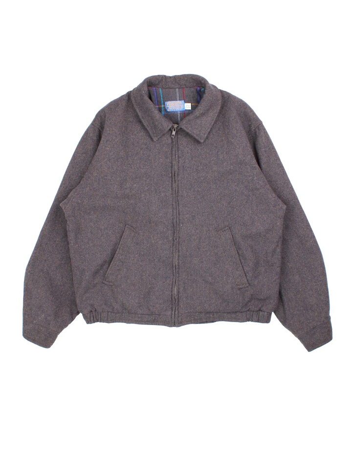 Pendleton Wool Harrington Jacket in a grey colourway with full zip up with two pockets on the front and button up cuffs.