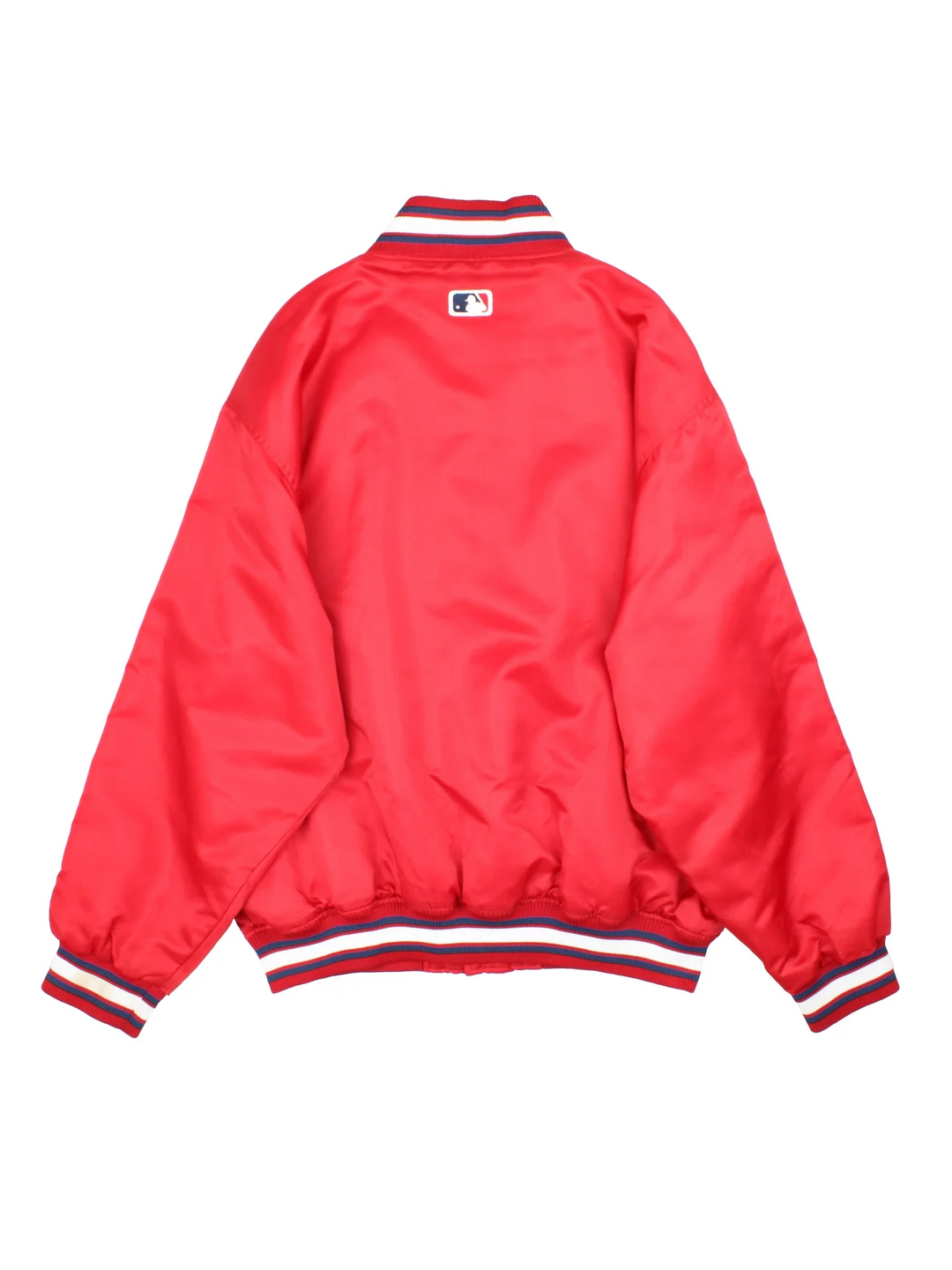 Atlanta Braves MLB Starter Varsity Jacket in a red colourway with white and blue detailing on the cuffs and hem. Button up front with two pockets, insulated with a quilted lining, and large team logo across the front.
