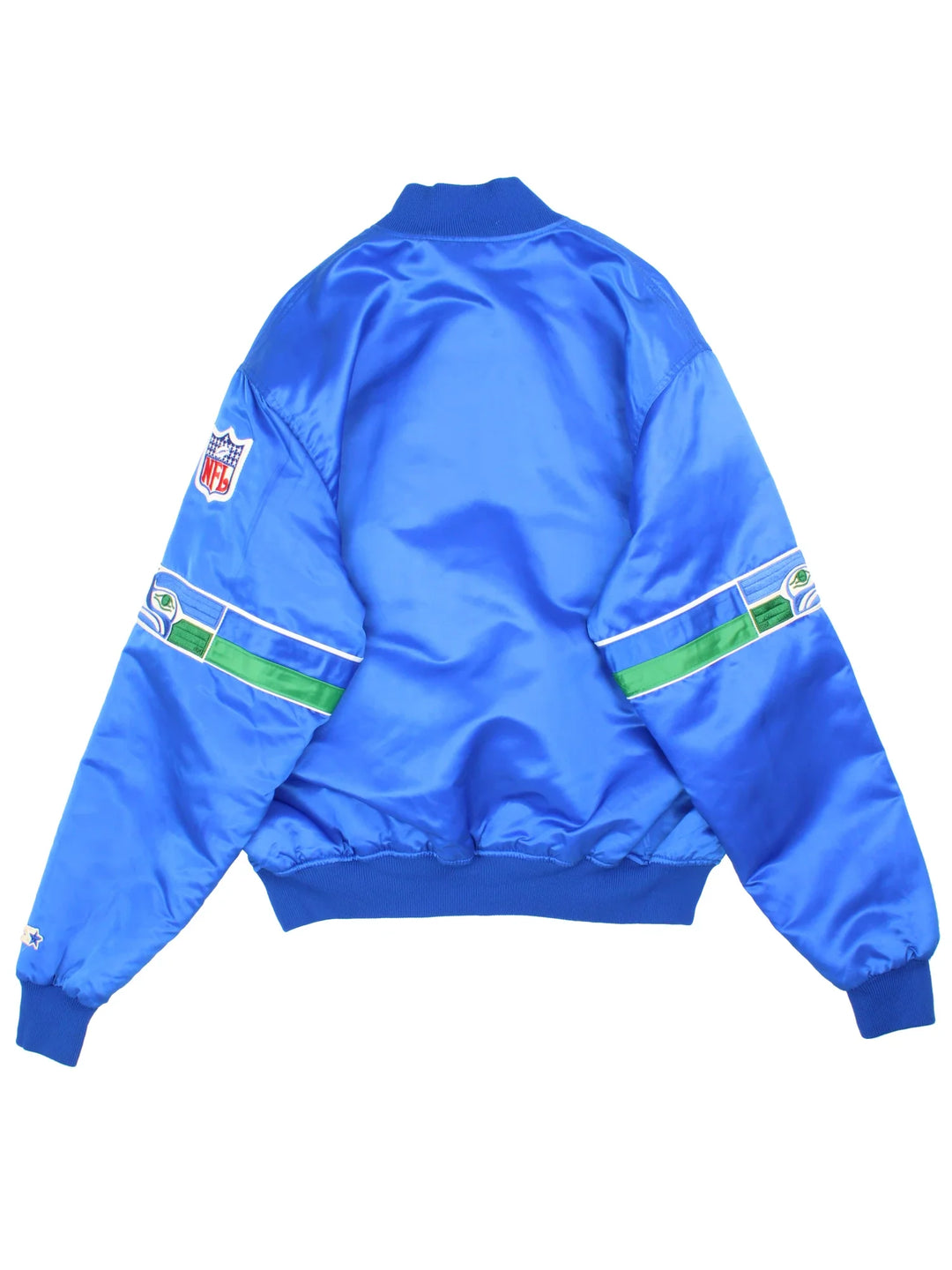 90's Seattle Seahawks NFL Starter Varsity Jacket in a blue colourway. Buttons up and has side pockets, insultaed with a quilted lining, has the team detailing on the sleeves and small logo on the front.
