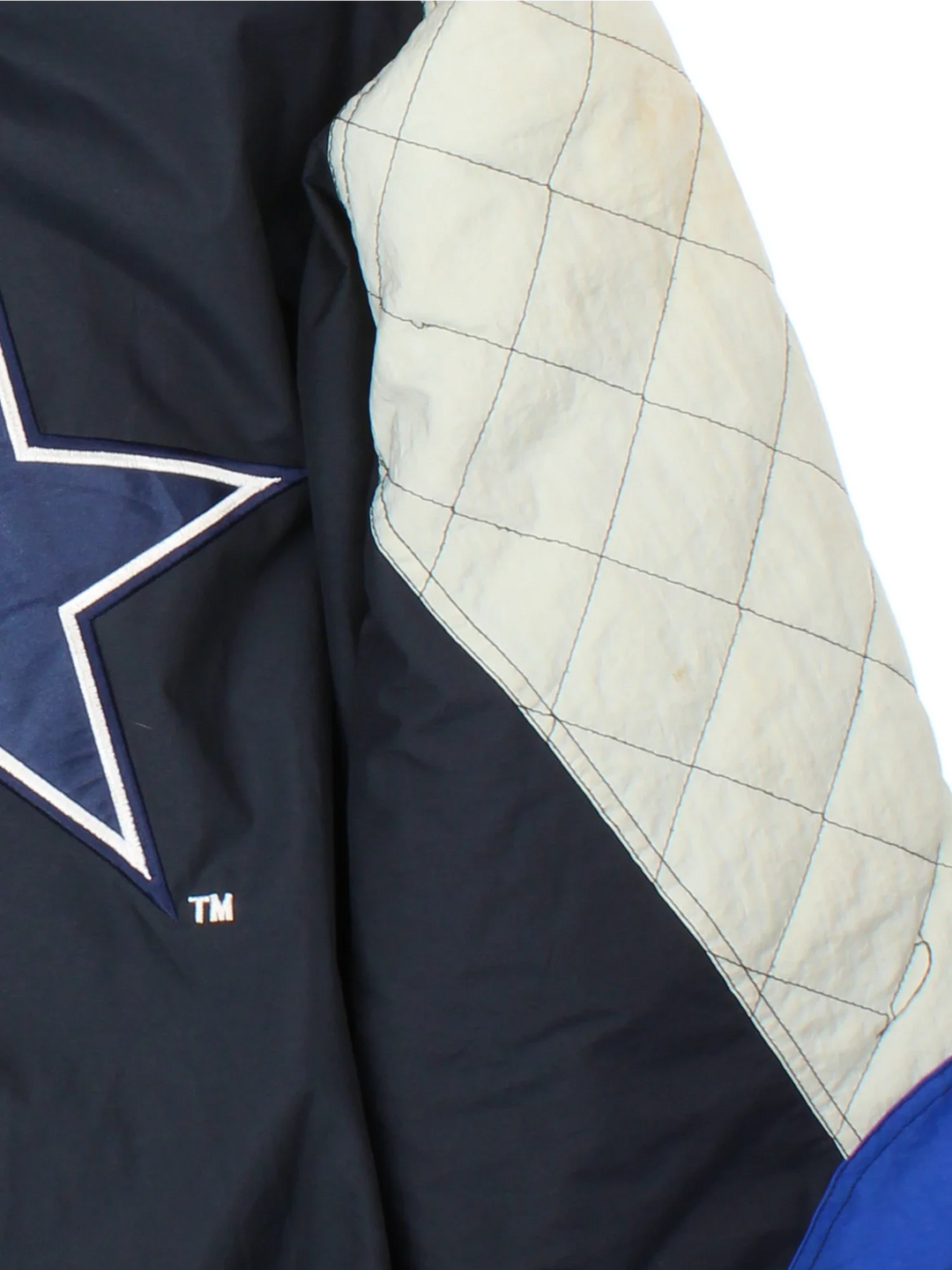 Dallas Cowboys NFL Starter Jacket in a blue and black colourway with grey panelling on the arms. Full zip up with multiple pockets and drawstring hood. Classic logo on the front and sleeves and large star logo on the back.