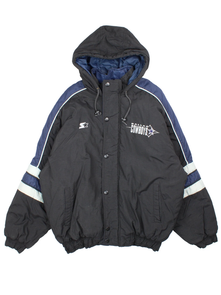 Dallas Cowboys NFL Starter Jacket in a black and blue colourway with grey detailing. Full zip with multiple pockets. Classic logo on the chest and large star logo on the back.
