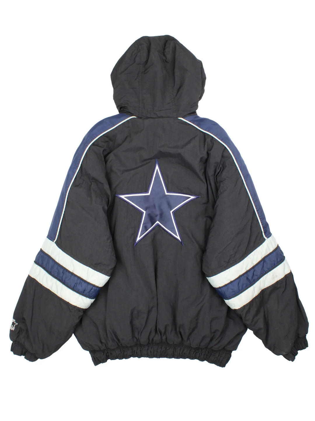 Dallas Cowboys NFL Starter Jacket in a black and blue colourway with grey detailing. Full zip with multiple pockets. Classic logo on the chest and large star logo on the back.