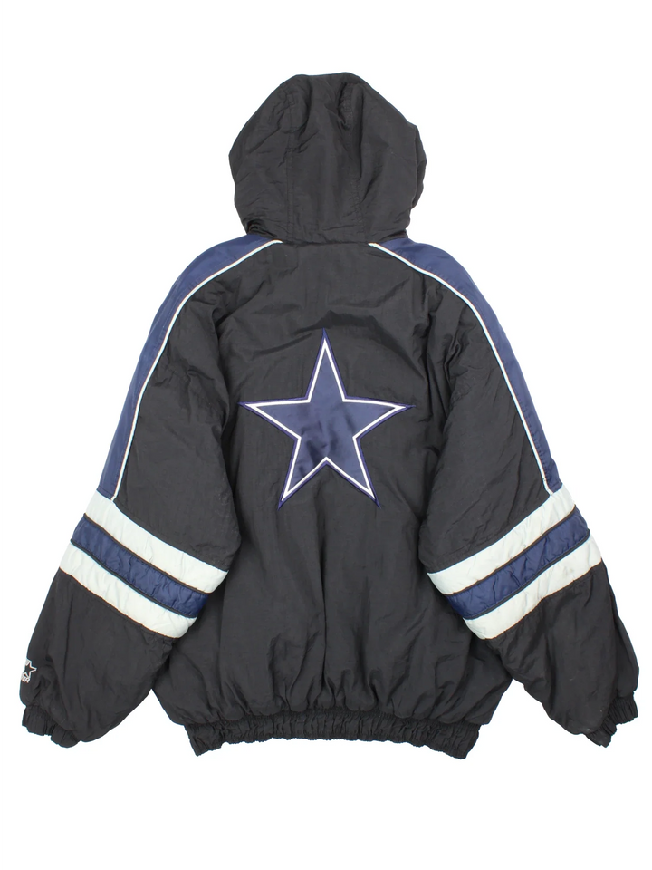Dallas Cowboys NFL Starter Jacket in a black and blue colourway with grey detailing. Full zip with multiple pockets. Classic logo on the chest and large star logo on the back.