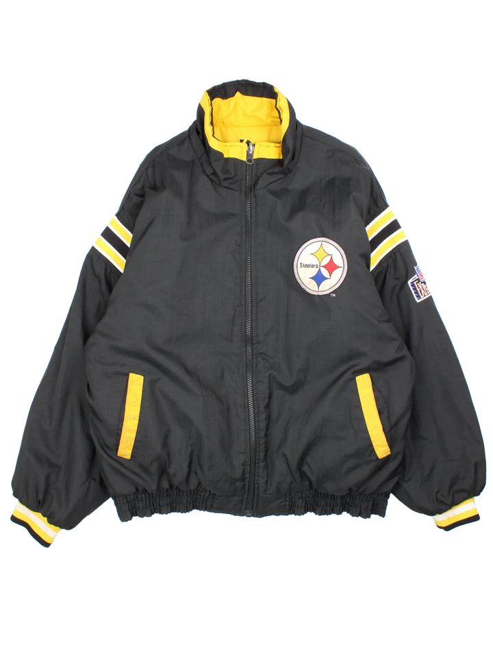 Pittsburgh Steelers NFL Pro Player Jacket in either a black or yellow reversible colourway options. Full zip with double pocket and classic steelers logo on the front and back.