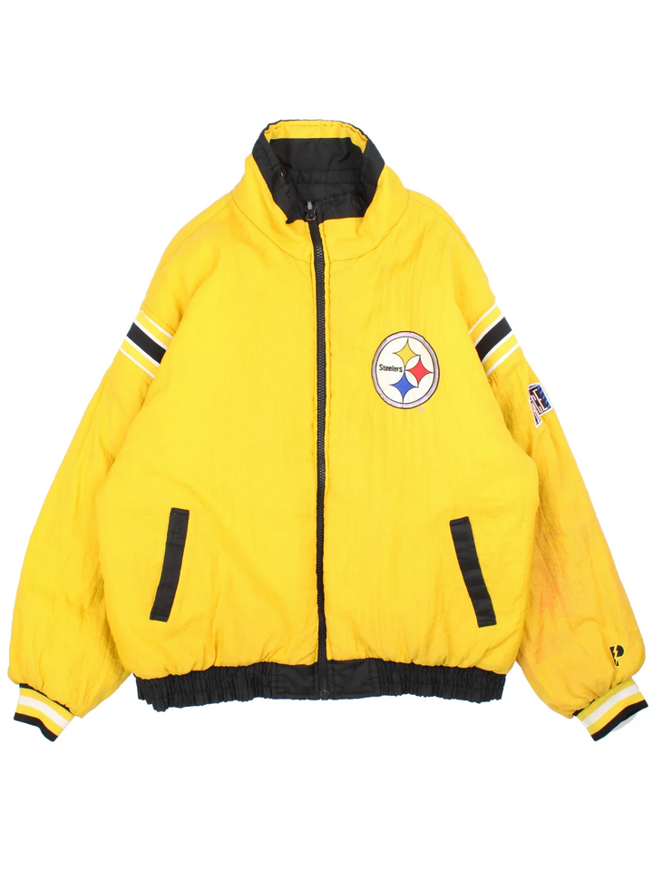 Pittsburgh Steelers NFL Pro Player Jacket in either a black or yellow reversible colourway options. Full zip with double pocket and classic steelers logo on the front and back.