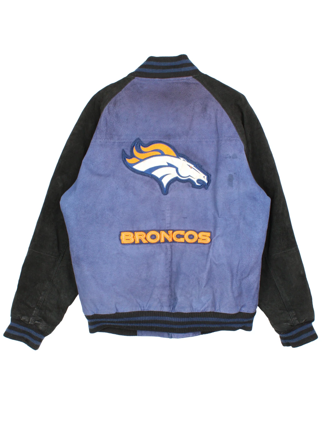 Vintage Denver Broncos NFL Suede Varsity Jacket in a blue colourway with black panelling. Full zip up with two front pockets, small logo on the chest and large team logo on the back.