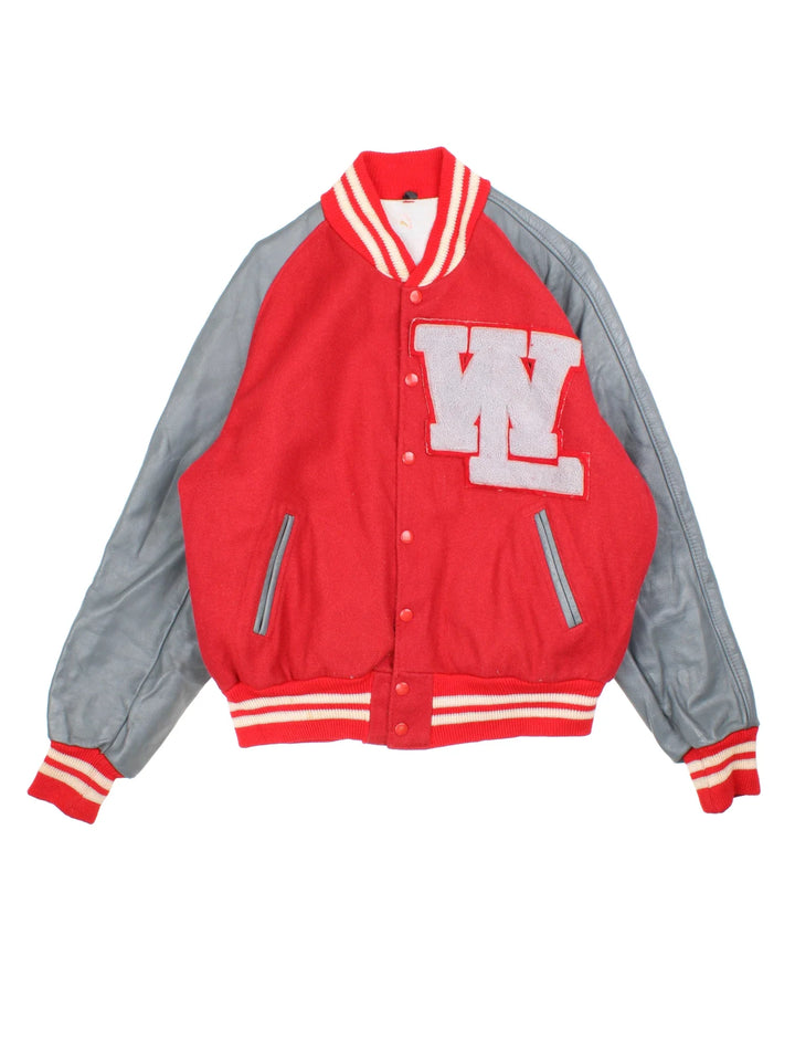 Vintage Varsity Letterman Jacket in a red colourway with grey sleeve panelling. Buttons up with side pockets and 'WL' lettering on the front.