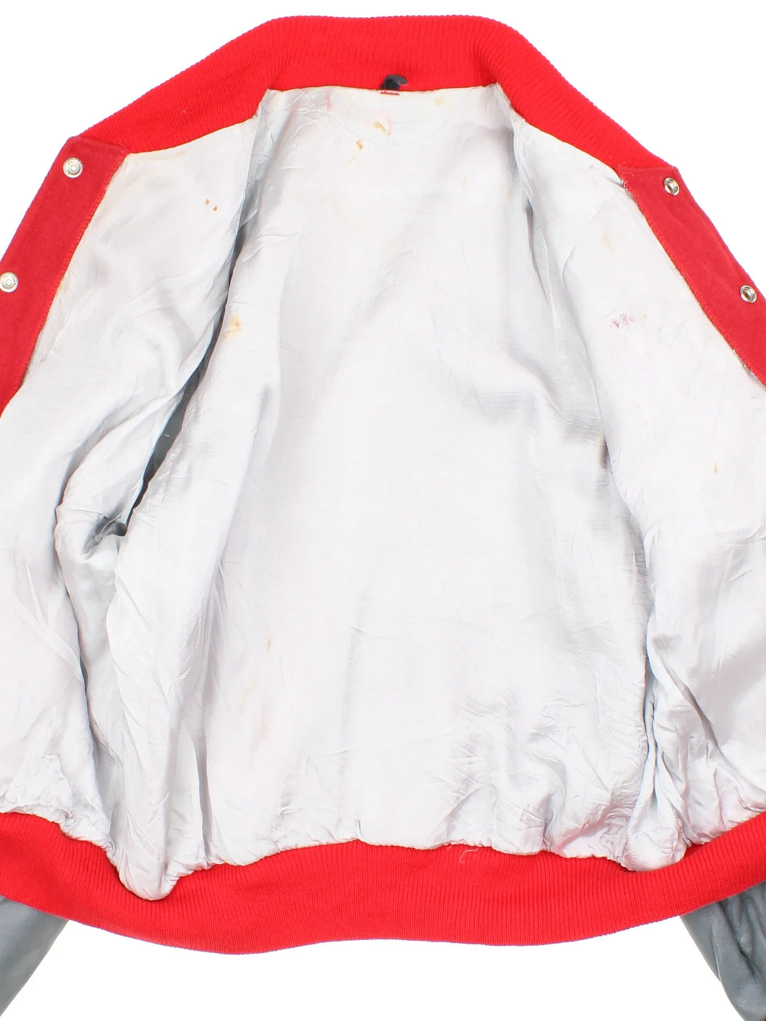 Vintage Varsity Letterman Jacket in a red colourway with grey sleeve panelling. Buttons up with side pockets and 'WL' lettering on the front.