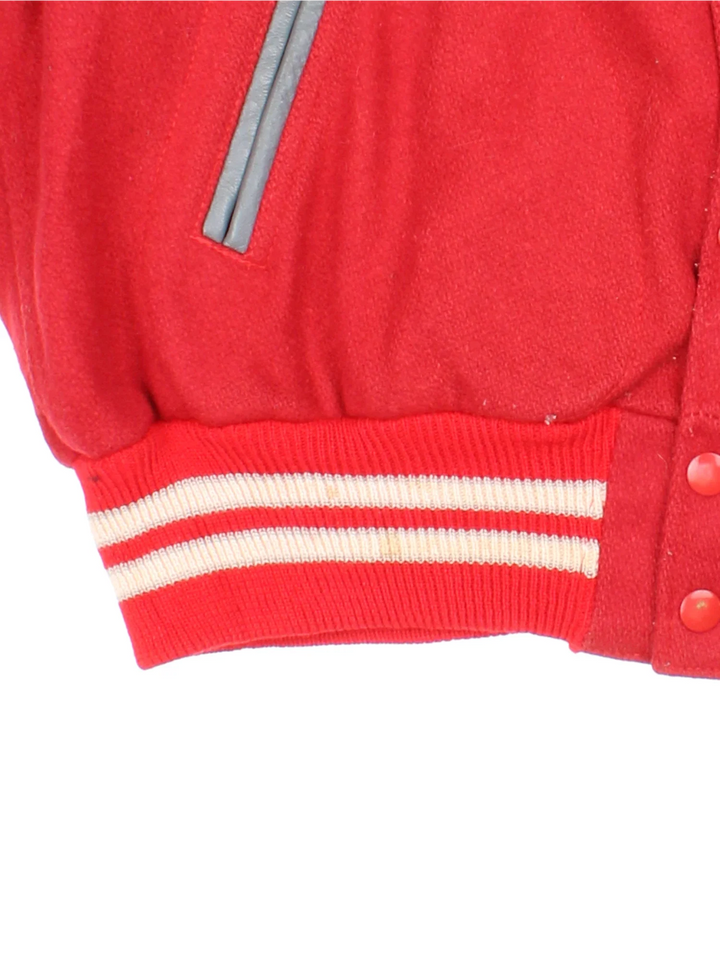 Vintage Varsity Letterman Jacket in a red colourway with grey sleeve panelling. Buttons up with side pockets and 'WL' lettering on the front.